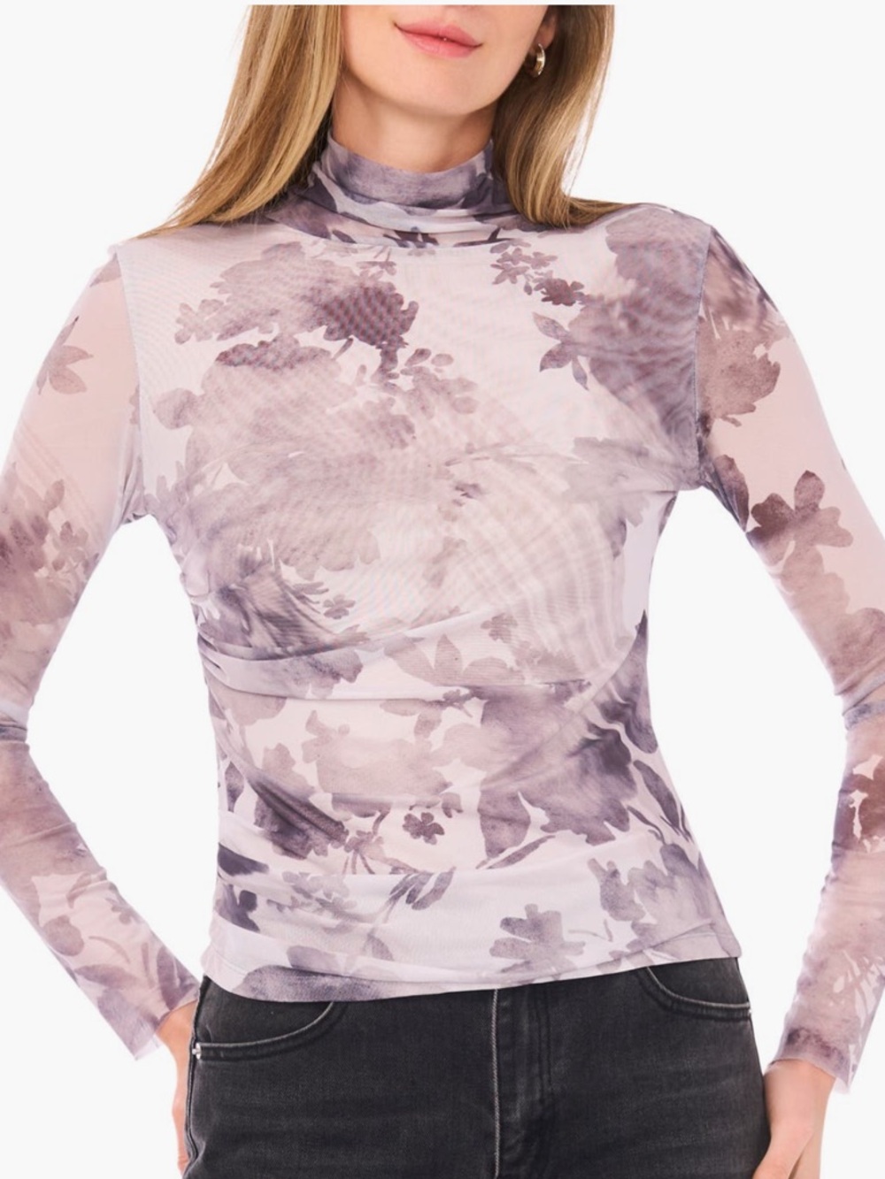NWT 1. State Gray Floral Mesh Ruched Mock Turtle Neck Long-Sleeve Top sz M